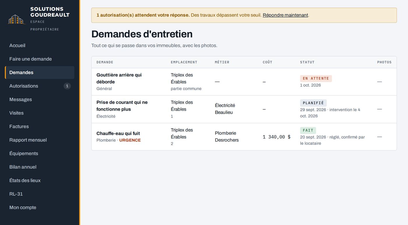 Espace propriétaire : liste des demandes d'entretien avec leur statut, l'entrepreneur et le coût